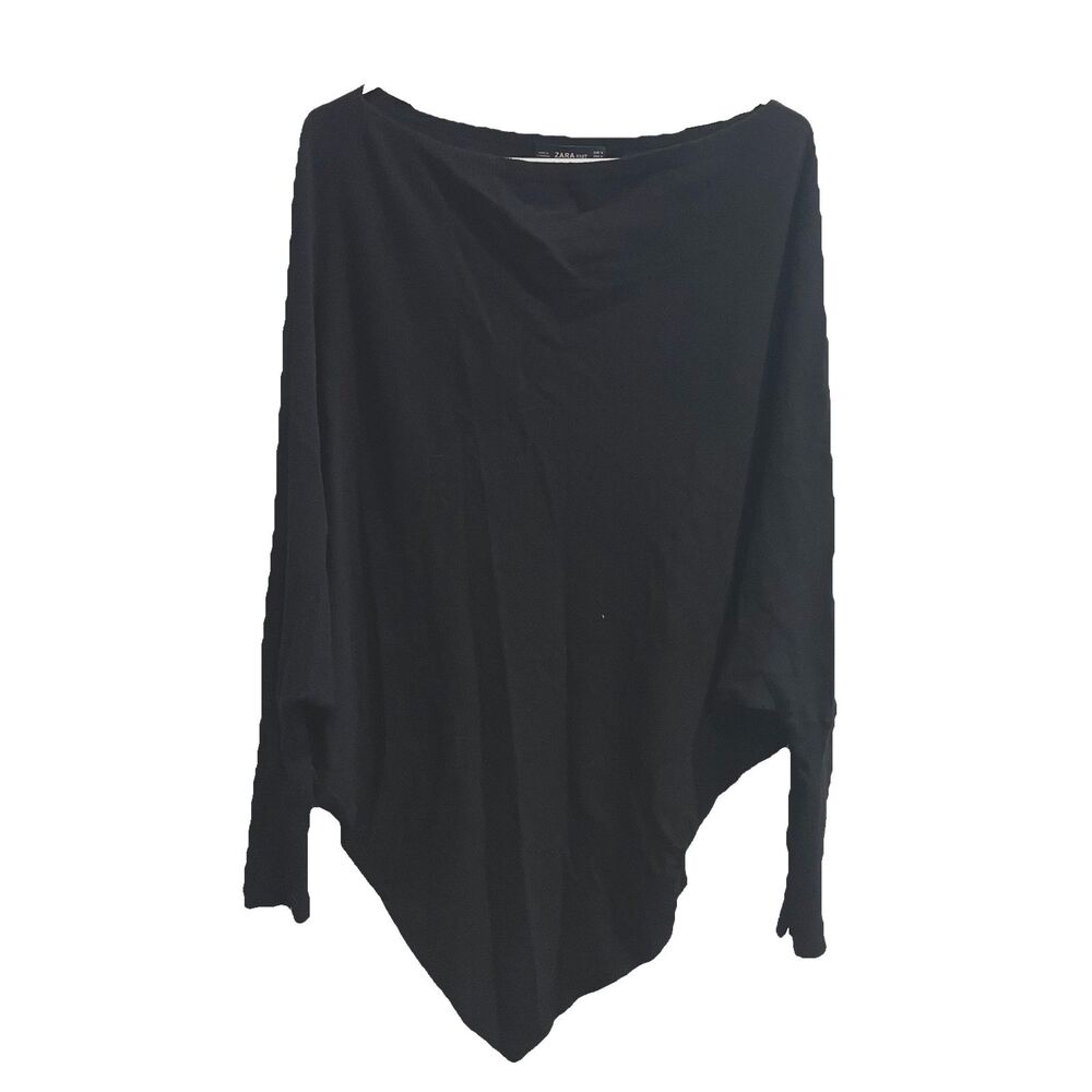 Zara Knit Black Long Sleeve Sweater Women M Assymetrical Shark Bite Lagenlook